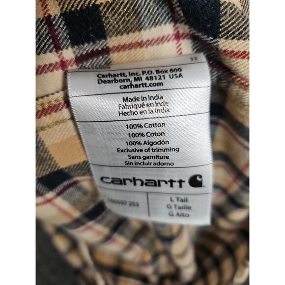 Carhartt Flannel Button Up Shirt Men's Size Large Tall Relaxed Fit Tan Black - Picture 5 of 8